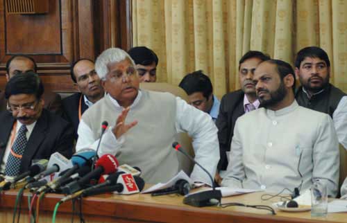 The Union Minister for Railways, Lalu Prasad interacting with media persons after presentation of Railway Budget 2008-09, in New Delhi on February 26, 2008.